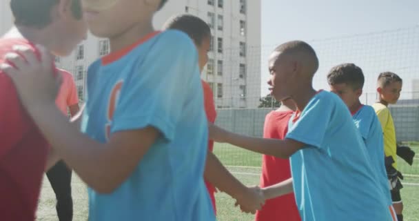 緑のサッカーピッチ上のサッカーの試合の前に2つの子供たちのチームの多民族グループは 晴れた日には 2つの行に立って — ストック動画