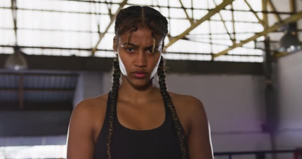 Retrato Del Boxeador Femenino Raza Mixta Con Pelo Trenzado Usando — Vídeos de Stock