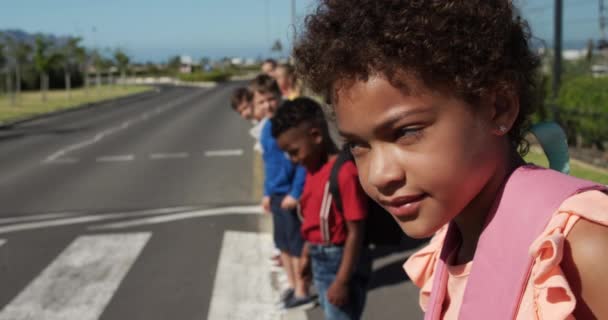 中には 道路を横断するのを待っている子供たちの多民族グループは スローモーションで 彼らの通学を運ぶ 小学生 道路安全 — ストック動画