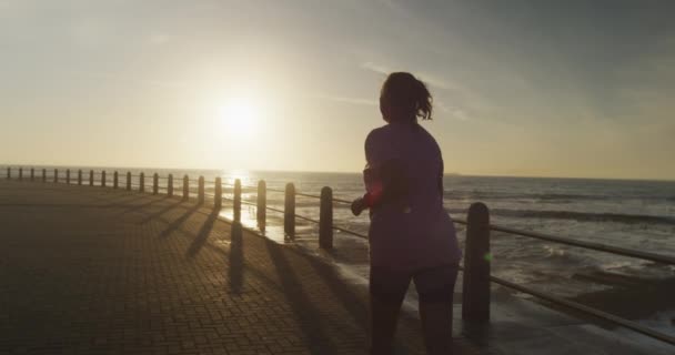 スポーツウェアを着た海の遊歩道で働くシニア白人女性の後方ビューは ゆっくりとした動きで日没で実行されます 退職健康的なライフスタイル活動 — ストック動画