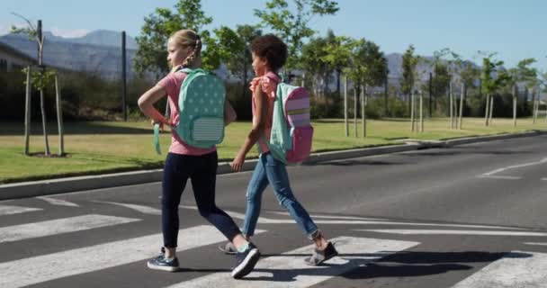 白人とアフリカ系アメリカ人の女の子が横断歩道で道路を横断し スローモーションで通学している 小学生 道路安全 — ストック動画