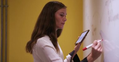 Beyaz tahtada dijital tablet kullanarak modern bir ofiste çalışan beyaz ırktan profesyonel bir iş kadını. İş yaratıcılığı teknolojisi.