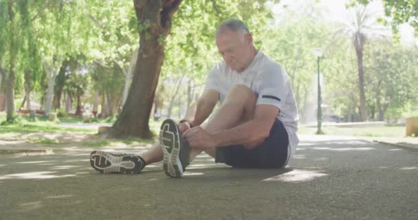 シニアフィット白人男性は公園でスポーツ服を着て作業し 地面に座ってゆっくりとした動きで彼の靴を結びます 退職健康的なライフスタイル活動 — ストック動画