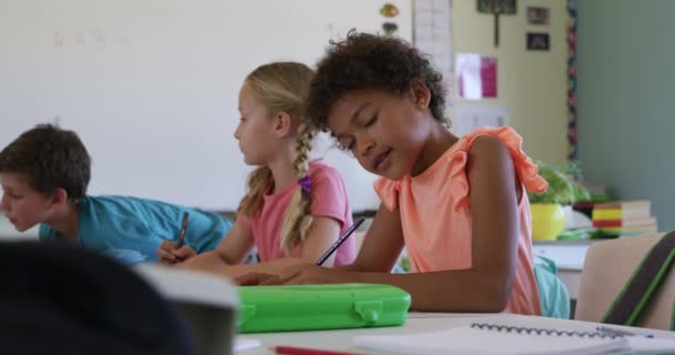 一个非洲裔美国女孩在课堂上坐在教室里 看着相机 微笑着 后面是她的同学 慢动作的肖像 小学的教育 — 图库视频影像