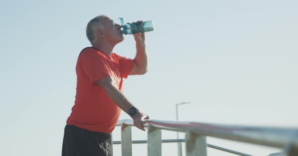 Senior Fit Kaukasische Man Die Aan Promenade Aan Zee Traint — Stockvideo