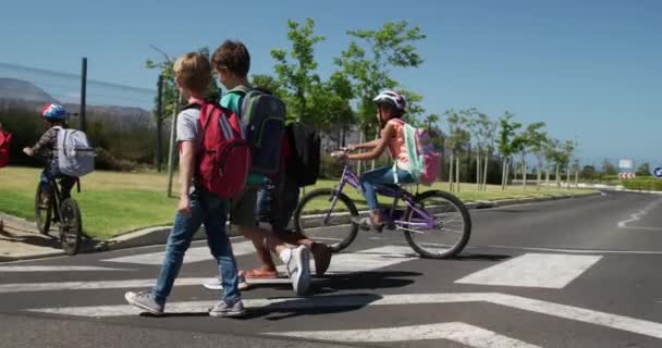 複数の子供たちの民族グループは 歩行者の交差点に道路を横断し 白人女性が高い視認性のベストを着て ゆっくりと動きを待っている 小学生 道路安全 — ストック動画