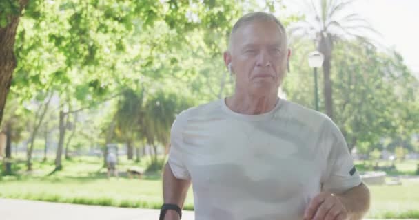 Senior Fit Kaukasische Man Aan Het Trainen Het Park Sportkleding — Stockvideo