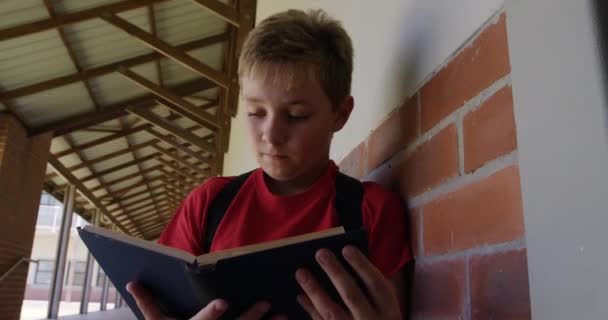 休憩中に屋外の廊下に立って白人の少年 本を読んで スローモーションで 小学校での教育 — ストック動画