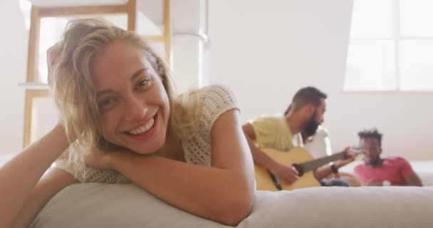 Portrait Caucasian Woman Relaxing Home Weekend Looking Camera Smiling Her — Stock Video