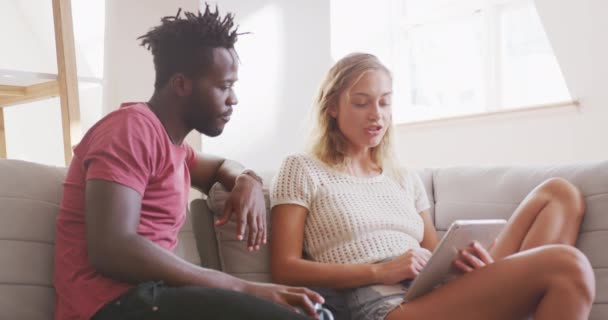 Mixed Race Man Caucasian Woman Enjoying Time Together Relaxing Home — Stock Video