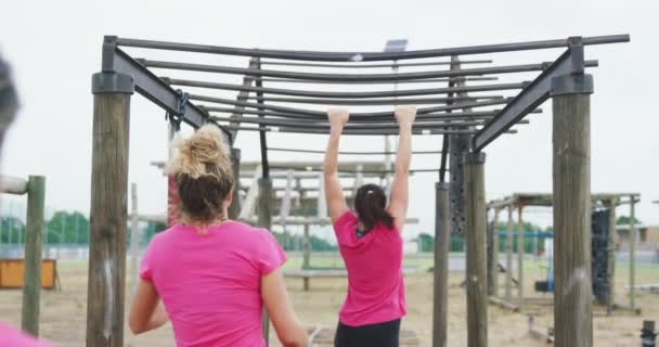 ブートキャンプで一緒に運動を楽しんでピンクのTシャツを着ている女性の幸せな多民族グループの背面図は ゆっくりと動きで 彼らのターンを待っているとサルのバーに登る — ストック動画