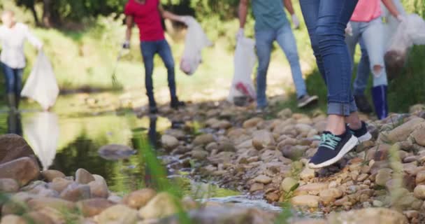 在一个阳光明媚的日子里 在乡间清理河流 捡垃圾的多种族保护志愿者的比例很低 农村环境中的生态和社会责任 — 图库视频影像