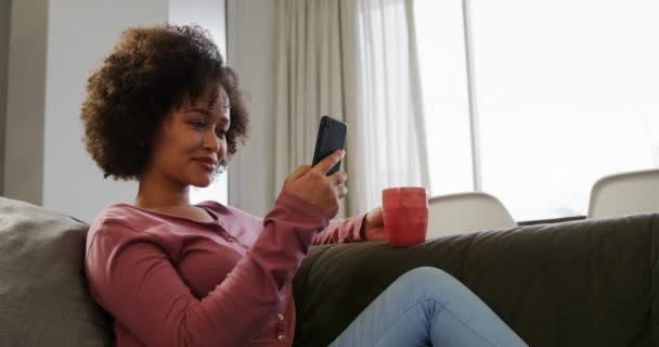 一个混血儿在家里享受时光 坐在客厅的沙发上 喝咖啡 用智能手机 面带微笑 — 图库视频影像