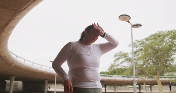 Mujer Curvilínea Caucásica Con Pelo Largo Oscuro Usando Ropa Deportiva — Vídeos de Stock