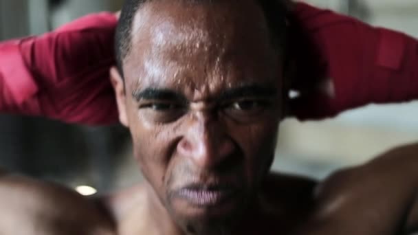 Close Determined Shirtless African American Male Boxer Training Township Boxing — Stockvideo