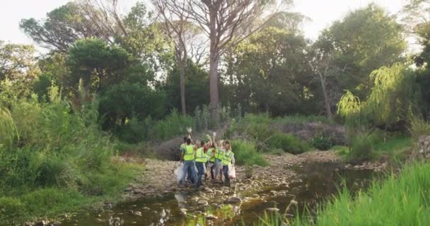 一群多种族的保护志愿者身穿高统靴 清扫乡村的河流 欢呼起来 农村环境中的生态和社会责任 — 图库视频影像