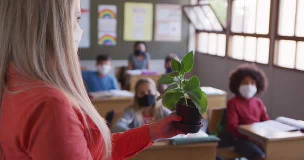 Učitelka Ukazovala Bandu Dětí Škole Květináč Všichni Měli Masky Obličeji — Stock video