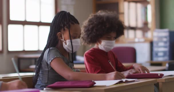 Gruppe Multiethnischer Kinder Die Ihren Büchern Schreiben Und Der Schule — Stockvideo