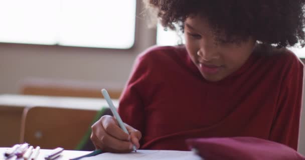 Chica Raza Mixta Escribiendo Libro Mientras Está Sentada Escritorio Escuela — Vídeo de stock