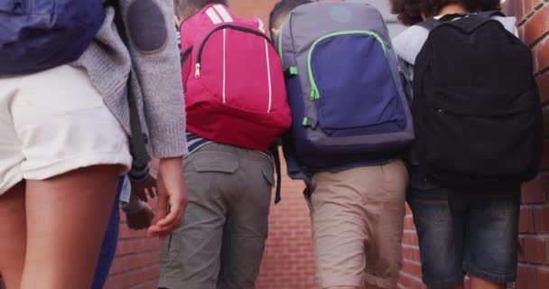 学校で休憩中に走っている複数の民族の子供たちのグループ Covid19時の初等教育社会的距離の健康上の安全性スローモーションでコロナウイルスパンデミック — ストック動画