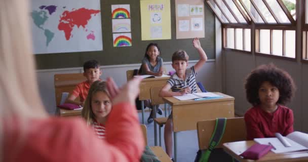 Een Groep Multi Etnische Kinderen Zit Hun Bureau Klas School — Stockvideo