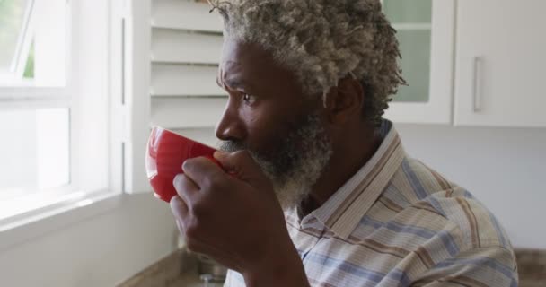 Hombre Mayor Afroamericano Bebiendo Una Taza Café Mirando Través Una — Vídeos de Stock