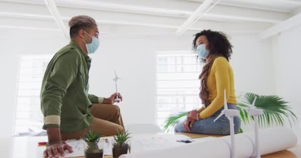 Mixed Race Male Female Architects Office Wearing Face Masks Sitting — Stock Video