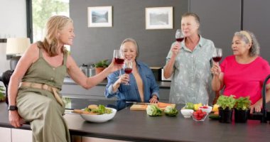 Üst düzey çeşitli kadınlar modern bir mutfakta şarap ve salatadan hoşlanırlar. Zeytin rengi elbiseli beyaz kadın arkadaşlarıyla sohbet ediyor, gelişigüzel bir toplantının altını çiziyor, yavaş çekim..