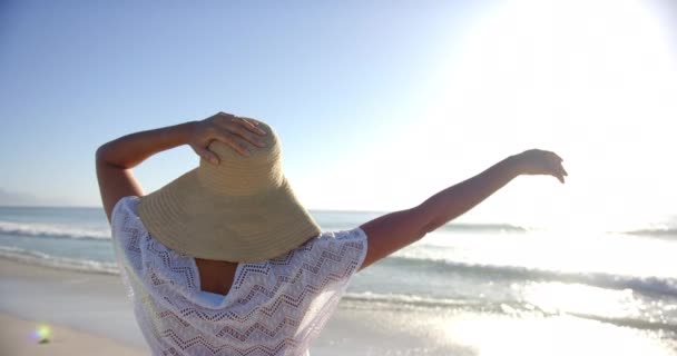 若い女性はビーチを楽しんでおり 腕は伸びており 頭には幅広い帽子をかぶっている 彼女は白いドレスを着て 澄んだ空と海の波の背景に対して太陽の暖かさを抱擁しています — ストック動画