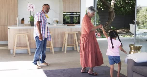 Biracial 할아버지는 실내에서 여자와 재생합니다 아이는 성인으로 기쁨으로 캐주얼 따뜻하게 — 비디오