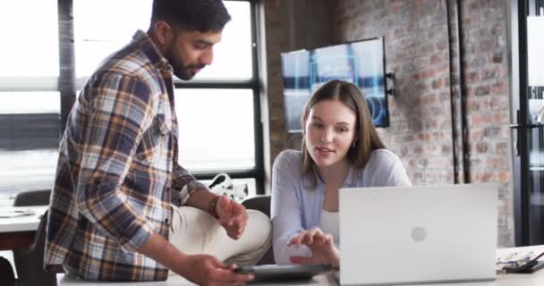 Young Caucasian Woman Asian Man Collaborate Laptop Business Office She — Stock Video