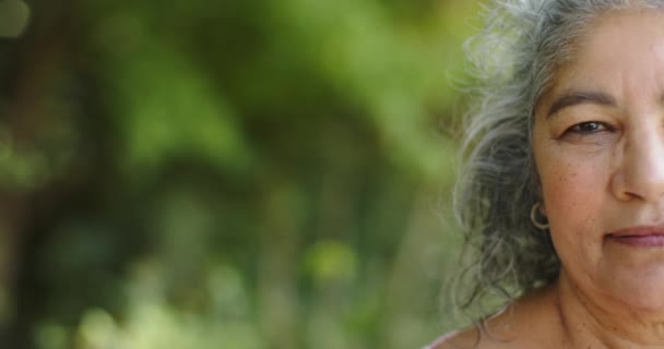 Großaufnahme Einer Lächelnden Seniorin Mit Grauen Haaren Ihr Fröhlicher Gesichtsausdruck — Stockvideo