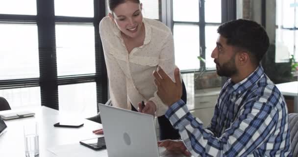 Young Caucasian Woman Asian Man Collaborate Laptop Business Office She — Stock Video