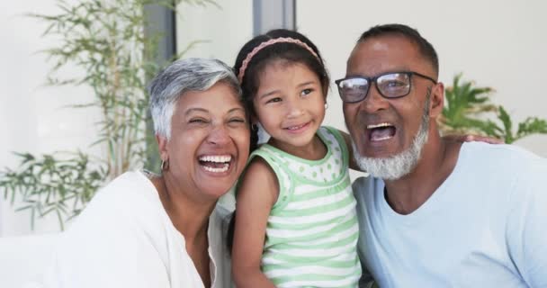 Chica Biracial Con Una Sonrisa Radiante Está Flanqueado Por Sus — Vídeos de Stock