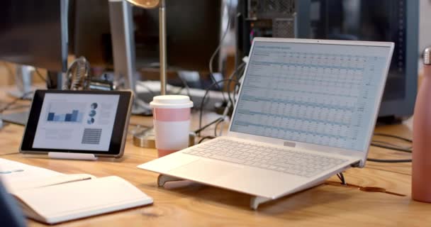 Laptop Displays Detailed Business Budget Spreadsheet Office Setting Notebooks Coffee — Stock Video