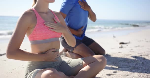 Ung Vit Kvinna Och Biracial Man Meditera Solig Strand Sitter — Stockvideo