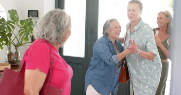 Senior Biracial Žena Růžovém Top Sdílí Smích Běloškou Vzorované Košili — Stock video