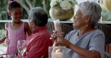 Yaşlı çift dışarıda aile yemeğinin tadını çıkarıyor, gülümsüyor ve evlerinde sohbet ediyorlar. Toplanma, kutlama, birliktelik, mutluluk, açık hava, bağ.