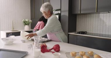 Mutfakta yemek hazırlayan, önlük giyen, evde yemek pişirmeyi seven yaşlı bir kadın. Mutfak, son sınıf, hazırlık, mutluluk