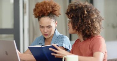 Çift cinsiyetli lezbiyen çift dizüstü bilgisayar üzerinde çalışırken fikirleri tartışıyor ve evde kitap okuyor. LGBTQ, işbirliği, takım çalışması, beyin fırtınası, yerli, yaşam tarzı