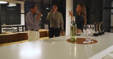 Çeşitli meslektaşlar geceleri modern ofis salonunda içki içip sohbet ediyorlar. İş, takım çalışması, sosyalleşme, iş yeri, toplanma, akşam