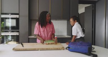 Anne ve kızı modern mutfakta okul çantalarını hazırlıyorlar. Çeşitli aileler, ebeveynlik, okul hazırlığı, bağlanma, eğitim, birliktelik