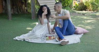 Çeşitli çiftler bahçede pikniğin tadını çıkarıyor, taze meyve ve kahkahaları battaniyede paylaşıyorlar. eğlence, rahatlama, bağlanma, meyve, mutluluk, birliktelik