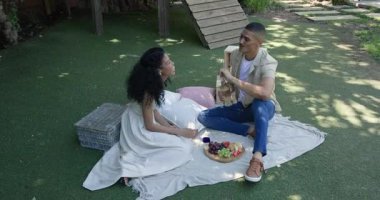 Çeşitli çiftler bahçede pikniğin tadını çıkarıyorlar, güneşli bir günde şarap ve meyve paylaşıyorlar. Aşk, eğlence, rahatlama, yaşam tarzı, güneş ışığı.