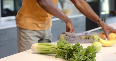 Afro-Amerikalı adam evdeki mutfak adasında meyveleri gri örgü çantaya koyuyor, kopyalama alanı. Organik, sağlıklı, sürdürülebilirlik, mutfak, yerli, modern, yaşam tarzı