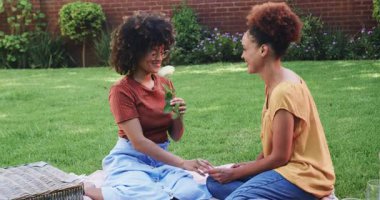 Çeşitli lezbiyen çiftler çimlerin üzerinde pikniğin tadını çıkarıyorlar, gülümsüyorlar ve bahçede yemek yiyorlar. Arkadaşlar, sosyalleşme, gevşeme, kaynaşma, açık hava, boş zaman