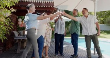 Arka bahçede kutlama, çeşitli yaşlılar içki içiyor ve havuz başında canlı sohbetler yapıyorlar. Kutlama, rahatlama, rahatlama, farklı arkadaşlar, yaz, yaşam tarzı