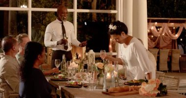 Seçkin düğünlerinde arkadaşlarıyla kutlama yapan, şarapla kadeh kaldıran, bahçedeki yaşlı çift. Kutlama, toplanma, yemek, arkadaşlık, lüks, sosyalleşme