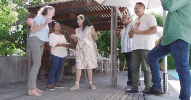 Farklı yaşlılardan oluşan bir grup bahçede kutlama yapıyor, neşeyle gülüyor ve dans ediyorlar. Kutlama, arkadaşlık, mutluluk, yaşlılık, emeklilik, yaşam tarzı