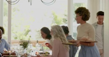 Çeşitli aile kucaklaşması, tahtanın üzerinde ekmek dilimleme, gülle kadeh kaldırma ve yemek odasında dans etme. Aile, kutlama, birliktelik, çok kültürlülük, sıcaklık, neşe, yemek